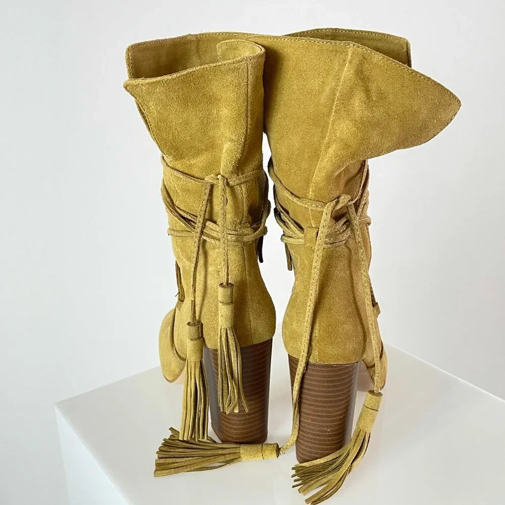 Bohemian | Zara Camel Suede Wrap Boot | Fringe Tassel | Western Cowgirl | Size 8 - Picture 3 of 6